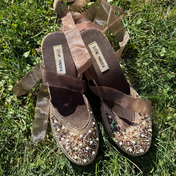 Steve Madden Women's 8.5 Bommbay Brown Beaded Ribbon Tie Espadrilles Y2K - Picture 2 of 5
